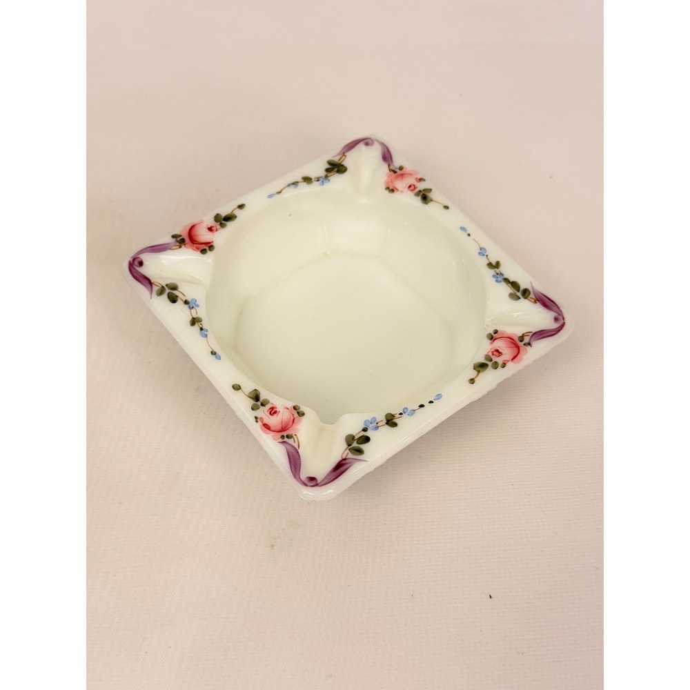 Westmoreland Milk Glass Ashtray Beaded Grape Hand Painted Pink Roses Vintage